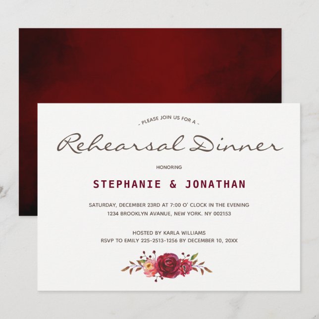 Burgundy Marsala Red Roses Floral Rehearsal dinner Invitation (Front/Back)