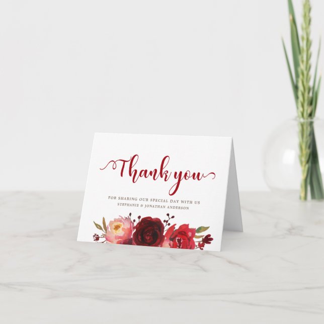 Burgundy Marsala Red Roses Floral Thank you Card (Front)