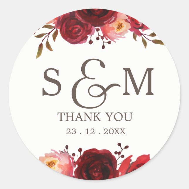 Burgundy Marsala Red Roses Floral Thank You Classic Round Sticker (Front)
