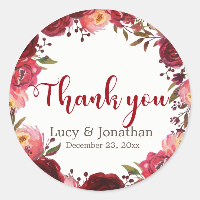 Burgundy Marsala Red Roses Floral Thank You Classic Round Sticker (Front)