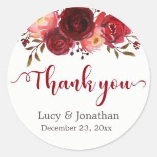 Burgundy Marsala Red Roses Floral Thank You Classic Round Sticker