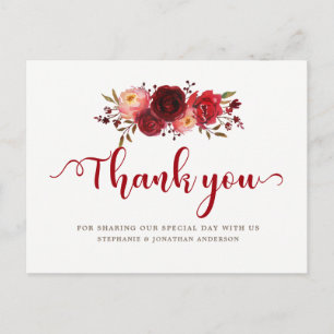 Burgundy Marsala Red Roses Floral Thank you Postcard