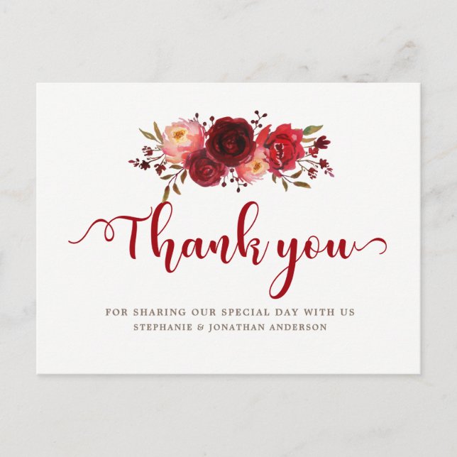 Burgundy Marsala Red Roses Floral Thank you Postcard (Front)