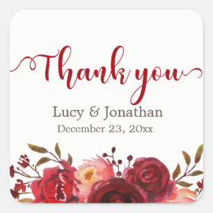 Burgundy Marsala Red Roses Floral Thank You Square Sticker