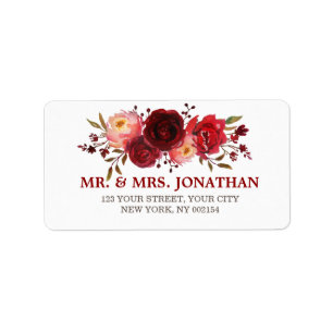 Burgundy Marsala Red Roses Floral Wedding Address Label