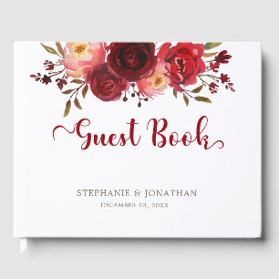 Burgundy Marsala Red Roses Floral wedding Guest Book