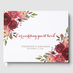 Burgundy Marsala Red Roses Floral wedding Guest Book