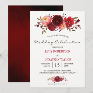 Burgundy Marsala Red Roses Floral Wedding Invitation