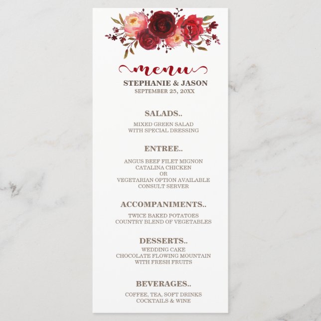 Burgundy Marsala Red Roses Floral Wedding Menu (Front)