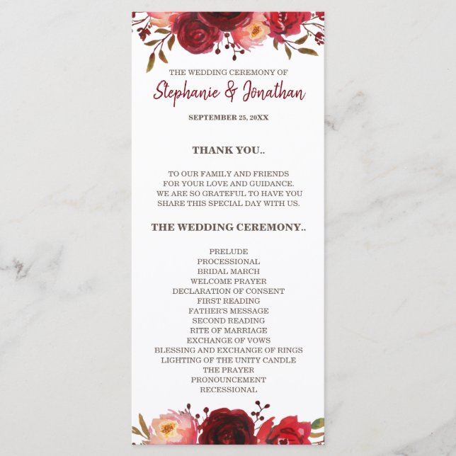 Burgundy Marsala Red Roses Floral Wedding Program Programme (Front)