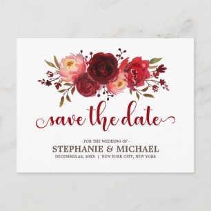 Burgundy Marsala Red Roses Save the Date Announcement Postcard