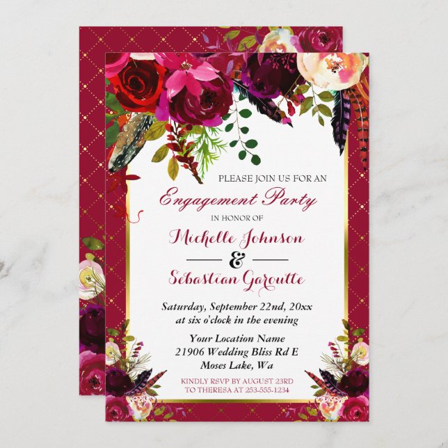 Burgundy Marsala Rustic Floral Engagement Party Invitation (Front/Back)