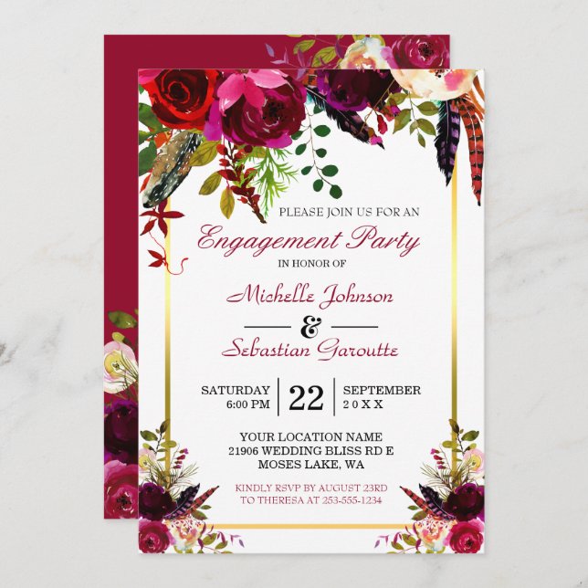 Burgundy Marsala Rustic Floral Engagement Party Invitation (Front/Back)