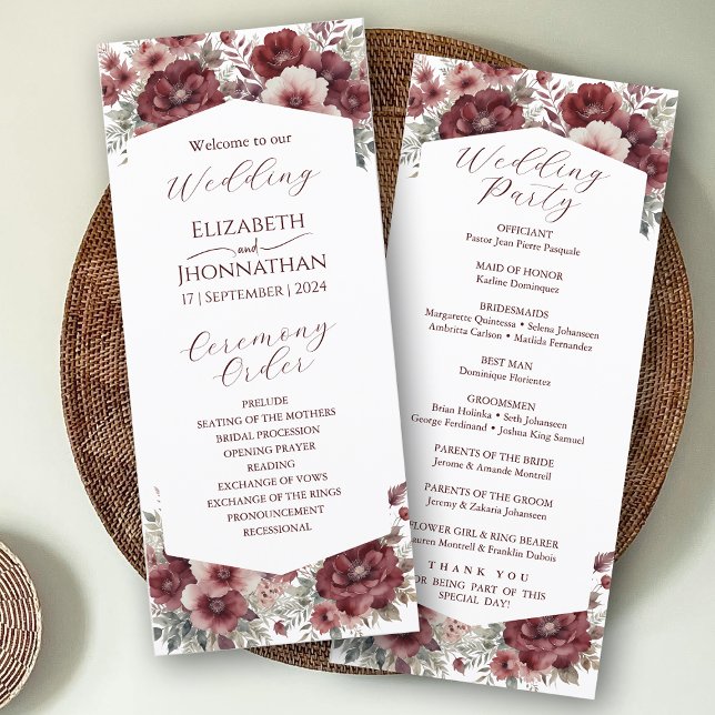 Burgundy Marsala Rustic Floral Watercolor Wedding Programme (Creator Uploaded)