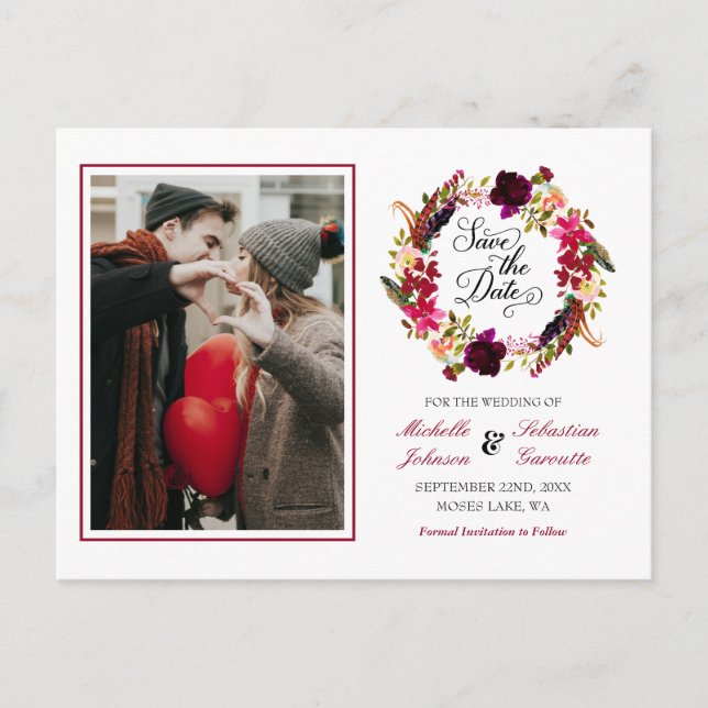 Burgundy Marsala Rustic Photo Floral Save the Date Announcement Postcard (Front)