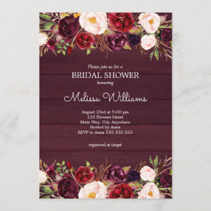 Burgundy Marsala Rustic Wood Country Bridal Shower Invitation