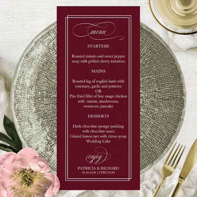 Burgundy Marsala Simple Elegant 4x9 Wedding Menu (Creator Uploaded)