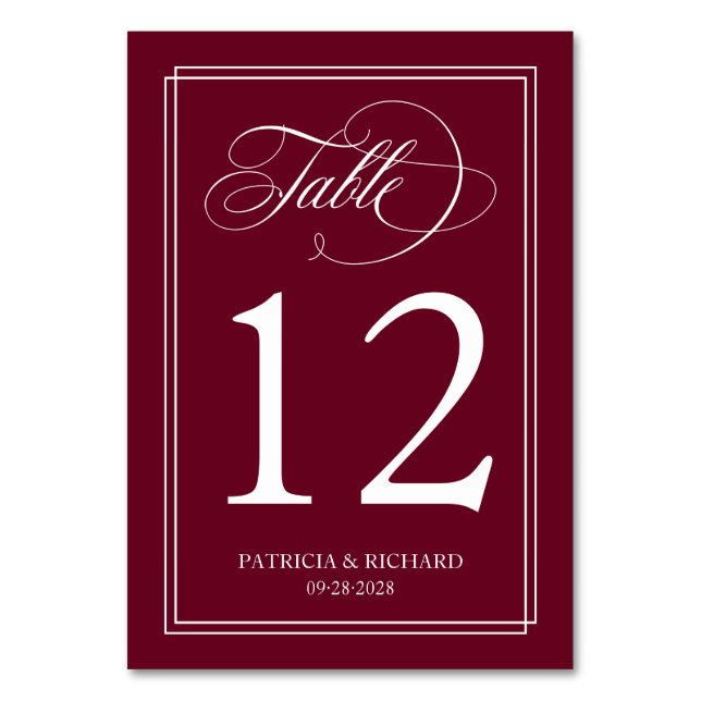 Burgundy Marsala Simple Elegant Wedding Table Number (Front)