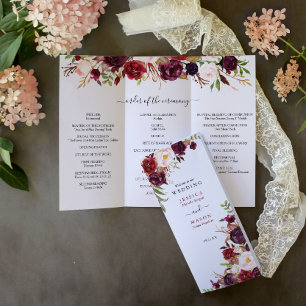 Burgundy Marsala Tri-Fold Wedding Program Photo Flyer