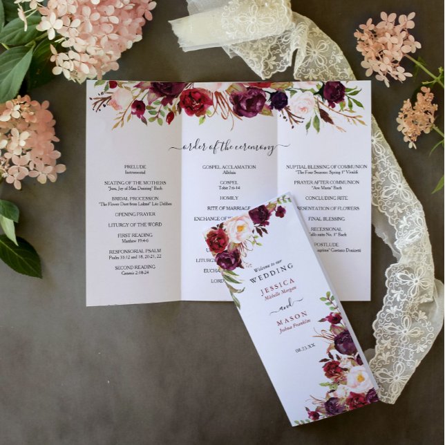 Burgundy Marsala Tri-Fold Wedding Program Photo Flyer (Creator Uploaded)