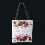 Burgundy Marsala Watercolor Bohemian Floral Tote Bag<br><div class="desc">Bohemian style Allover Print Tote Bag featuring watercolor illustration of burgundy,  Marsala,  red and pink peonies and roses with feathers accent. Use “Customise” button to change the colours,  sizes and fonts. This is perfect for autumn | fall and winter events.  Matching items are also available.</div>