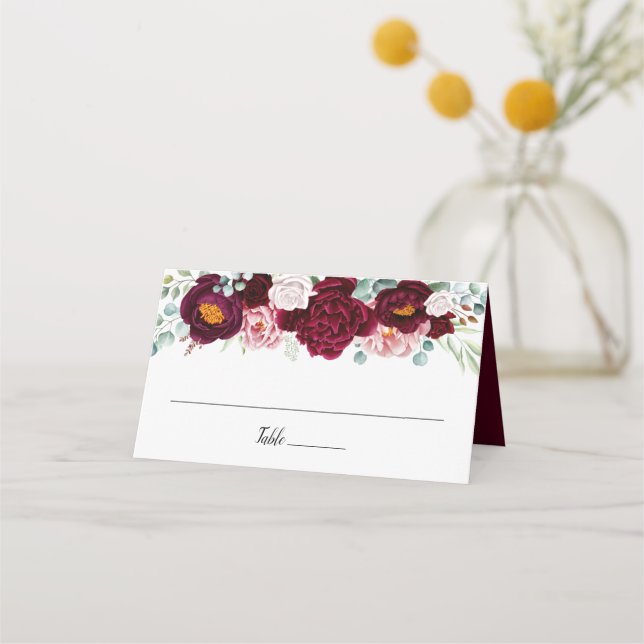 Burgundy Marsala Watercolor Floral Radiant Bloom   Place Card (Front)