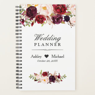 Burgundy Marsala Watercolor Red Floral Wedding Planner