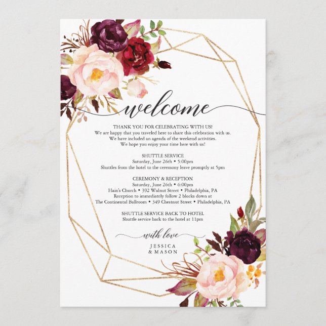 Burgundy Marsala Wedding Welcome Itinerary Letter Programme (Front)