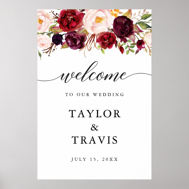 Burgundy Marsala Wedding Welcome Sign Poster (Front)