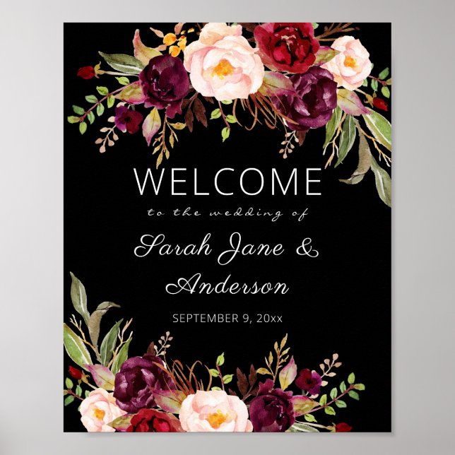 Burgundy Marsala Welcome Sign Poster Black (Front)