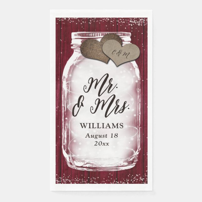 Burgundy Mason Jar Barn Wood Mr. & Mrs. Wedding Napkin (Front)