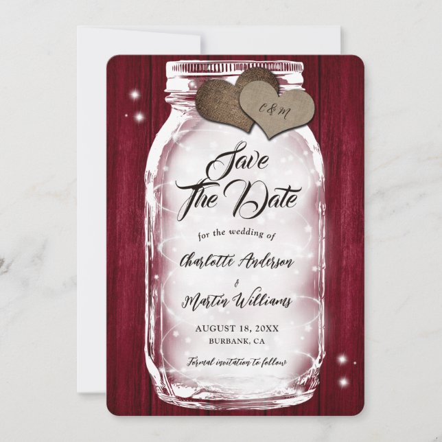 Burgundy Mason Jar String Lights Barn Wood Wedding Save The Date (Front)