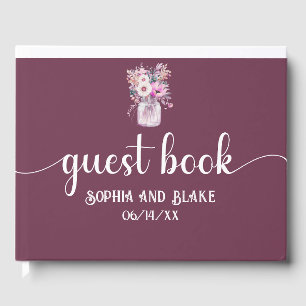 Burgundy Mason Jar with Flowers Wedding Guest Book