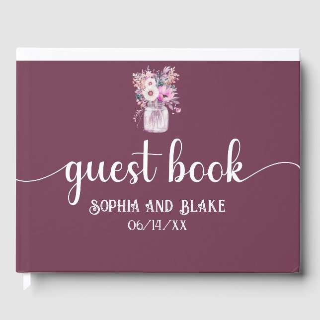 Burgundy Mason Jar with Flowers Wedding Guest Book (Front)