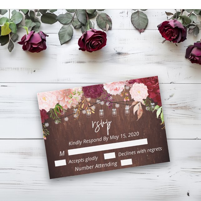 Burgundy Mason Jar Wood Budget Lights Flower RSVP  Card (Creator Uploaded)