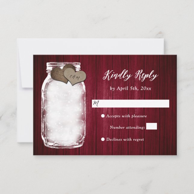 Burgundy Mason Jar Wood Lights Wedding RSVP Card (Front)