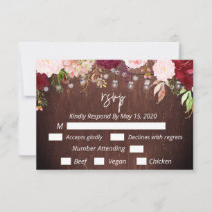 Burgundy Mason Jar Wood String Lights Flower RSVP