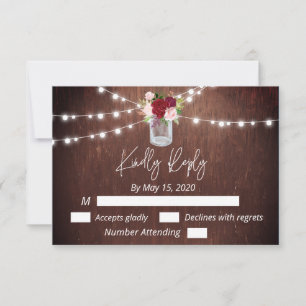 Burgundy Mason Jar Wood String Lights Flower RSVP Card