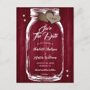 Burgundy Mason Jar Wood Wedding Save The Date Announcement Postcard