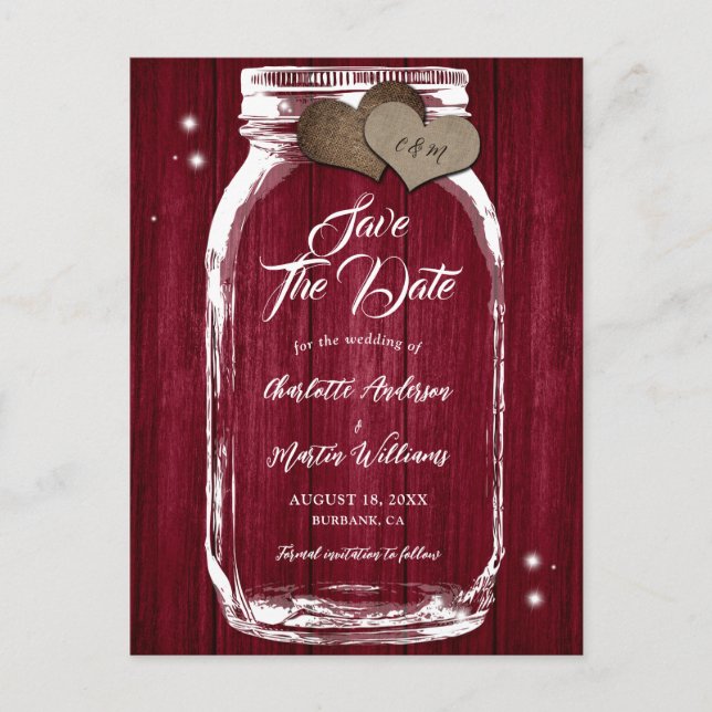 Burgundy Mason Jar Wood Wedding Save The Date Announcement Postcard (Front)