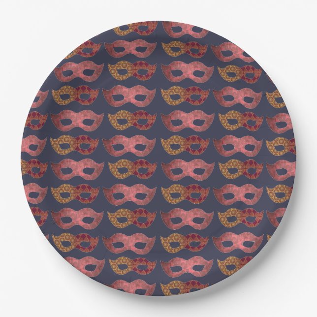 Burgundy Masquerade Masks Pattern Paper Plate (Front)