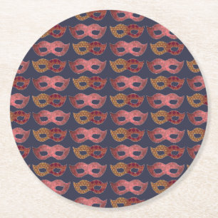 Burgundy Masquerade Masks Pattern Round Paper Coaster