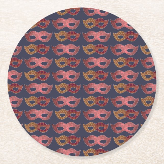 Burgundy Masquerade Masks Pattern Round Paper Coaster (Front)