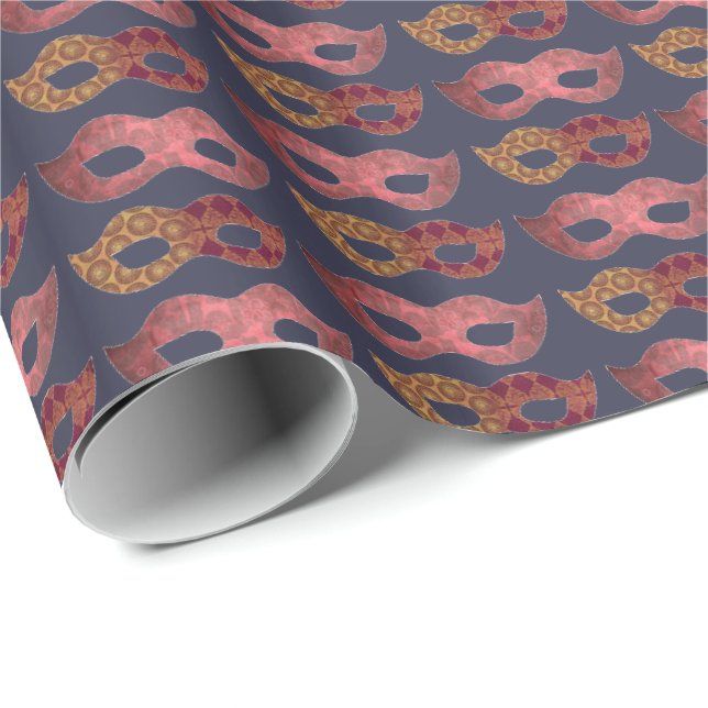 Burgundy Masquerade Masks Pattern Wrapping Paper (Roll Corner)