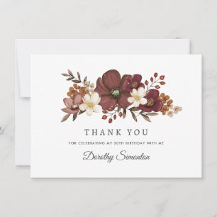 Burgundy Mauve Ivory Fall 30th Birthday Flat Thank You Card