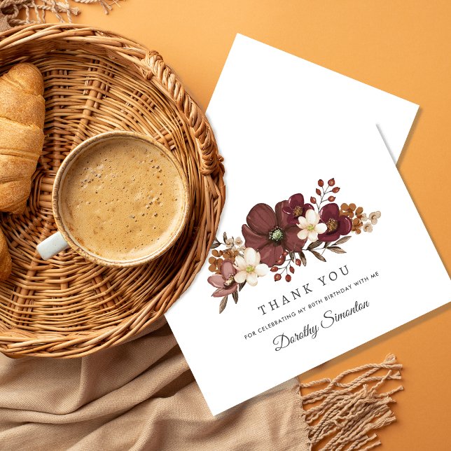 Burgundy Mauve Ivory Fall 80th Birthday Flat Thank You Card (Creator Uploaded)