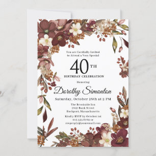 Burgundy Mauve Ivory Fall Floral 40th Birthday Invitation