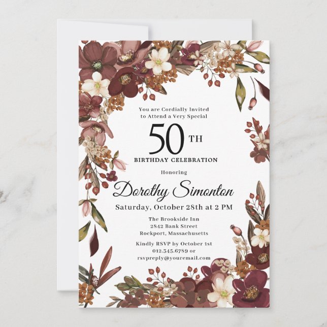 Burgundy Mauve Ivory Fall Floral 50th Birthday Invitation (Front)