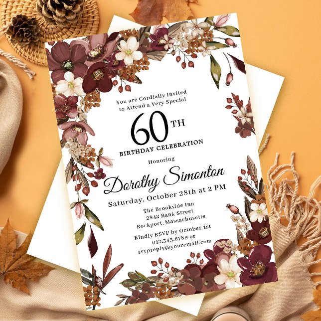 Burgundy Mauve Ivory Fall Floral 60th Birthday Invitation (Need a matching burgundy red floral fall welcome sign? Party supplies. Message me!)