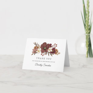 Burgundy Mauve Ivory Fall Floral 80th Birthday Thank You Card